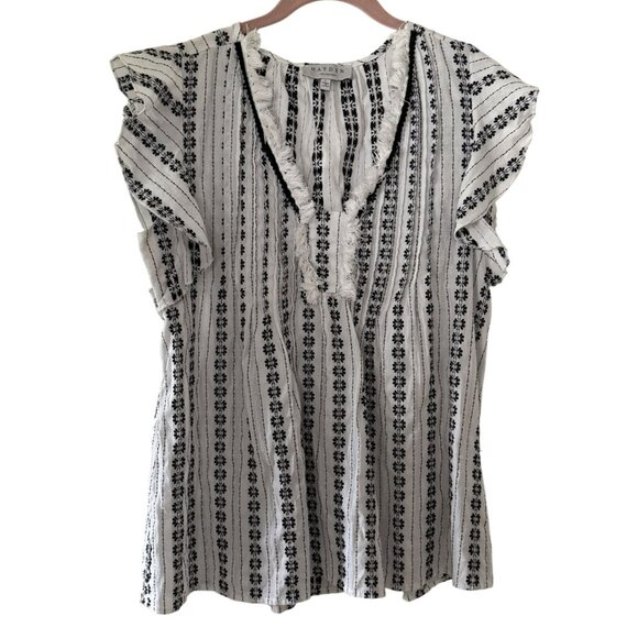 Hayden Los Angeles Womens Black White Geometrical Ruffle Sleeve Top L Fringe EUC - Picture 1 of 6